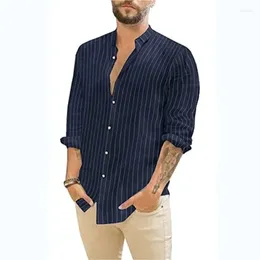 Men's Casual Shirts Mens Top Striped Cardigan Linen Standing Collar Long Sleeved Shirt For Men