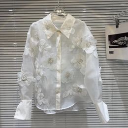 Women's Blouses Spring 2024 Design Women Blouse 3D Flowers Sequins Diamonds Transparent Mesh Shirt Top For Long Sleeve French Style 43920