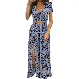 Party Dresses Polynesian Tribal Totem Prints Dress For Women V-Neck Short Sleeve Long Two-Piece Trendy Luxury