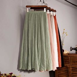 Skirts Cotton linen womens high waisted A-line long pleated leather casual solid color elastic waist summer beach leatherL2405