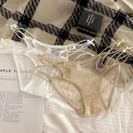Women's Panties Thin Belt Mesh Bowknot Breathable Low-waisted Cotton Crotch Transparent Briefs Love Pattern Underwear Women