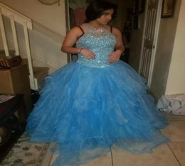 Aqua Quinceanera Dresses Masquerade Ball Gown Beaded Crystal Keyhole Laceup Back Ruched Organza Halter Long Prom Pageant Dresses 2641409