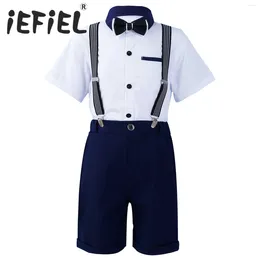 Clothing Sets Kids Boys Gentleman Outfit Birthday Party Set Short Sleeve Button Down Solid Shirt With Bow Tie Shorts Detachable Suspender