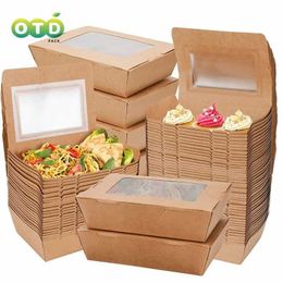 Disposable Dinnerware leather lunch box high-end with transparent window sushi salad packaging brown takeaway Q240507