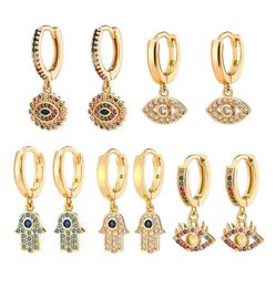Blue Evil Eye Hoop Earrings Fashion Design 18K Gold Plated Women Cubic Zirconia Fatima Hamsa Hand Pendant Turkish Rhinestone Devil9579364