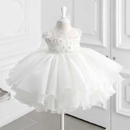 Christening dresses White pearl baby shower dress with stickers lace communion birthday party wedding for children Q240507