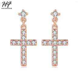 Stud Earrings Religious Cross Shaped For Women CZ Crystal Rose White Gold Colour Daily Party Jewellery E373 E328