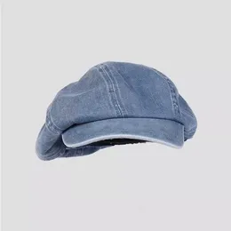Berets Autumn Hats For Women Washed Denim Fabric Octagonal Hat 2024 Fashionable And Versatile Artistic Painter Sboy Cap
