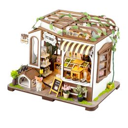 Miniatures NEW DIY Wooden Pet Shop Casa Miniature Building Kits With LED Lights Assembled Doll Houses Home Decoration Friends BirthdayGifts