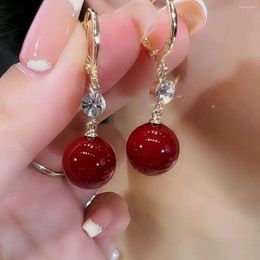 Stud Earrings Niche Design Personalised Red Bean Ear Clip Inlaid Zircon Elegant Pearl Internet Celebrity Jequirity For Women