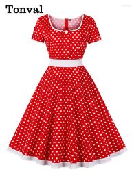 Party Dresses Tonval Contrast Binding Women One Button Front Polka Dot Rockabilly Dress Short Sleeve Cotton Patchwork Vintage Long