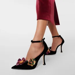 Dress Shoes Black Velvet Pointy Toe Stiletto Heels Sequin Flower Ankle Strap Pumps Women Sexy Summer