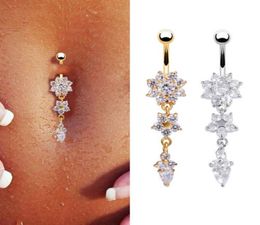 Sexy Dangle Belly Bars Belly Button Gold Silver Rings Belly Piercing Cz Crystal Flower Body Jewelry Navel Piercing Rings Drop C1902013669