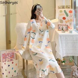 Women's Sleep Lounge Cute printed long sleeved night dress for women simple and loose A-line night dress for women sweet and soft bow design for casual spring wearL2405