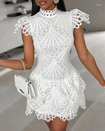 Casual Dresses Elegant Women 2024 Mock Neck Short Sleeve Guipure Lace Embroidered White Hollow Slim High Waist Mini Bodycon Dress Club