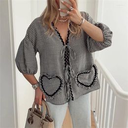 Women's Blouses Y2k Plaid Love Pocket Print Shirts Women Hollow Out Lace Up V-neck Female Harajuku Tops Outwear Home Suit Streetwear