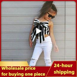 Clothing Sets Baby Fashion Set Stripe Camisole Bow Tops White Hole Denim Pants Kids 2 Pieces Outfits Birthday Party Children Clothes