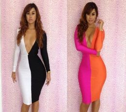 Sexy Women Cocktail Long Sleeve V Neck Badycon Fashion Evening Dresses Party Prom Club Wear Lowcut Bodycon Dress Black white 8505522