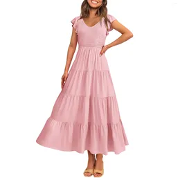 Party Dresses Women'S Casual Short Sleeve Tie V Neck Ruffled Midi Flowy Dress Summer Maxi Elegant