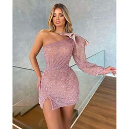 Pink Sexy New Arrival Evening Dresses One Long Sleeve Bow Knot Lace Backless Thigh Length Shiny Sequins Appliques Prom Dress Formal Plus Size Tailored 0431