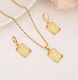 22 K 23 K 24 K Thai Baht Solid Fine Yellow Gold GF Christian Square Pendant Drop Necklace Chain Earrings Sets Jesus Gift1182800