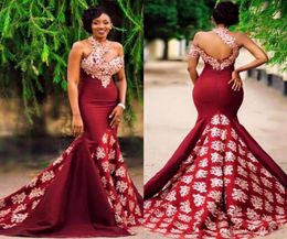 Mermaid Burgundy Evening Dresses with Gold Lace Appliqued High Neck African Prom Dresses Court Train Women Formal Party Gowns1029869