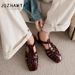 Casual Shoes JOZHAMTA Size 34-40 Women Gladiator Flats Sandals Real Leather Woven T-Straps Thick Low Heels Summer Vintage Office Dress