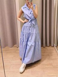 Casual Dresses Women Midi Dress Diamonds Decoration 2024 Spring Summer Sleeveless Lace Up Waist Hollow Out Ladies Layered Robe