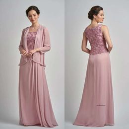 A Line Jasmine Mother of The Bride Dress Jewel Neck Sleeveless Applique Two Pieces Chiffon Wedding Guest Dresss Floor Length Evening Gown 0508
