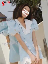 Party Dresses Sweet Cute Doll Collar Rhinestone Suit Dress Women Socialite 2024 Summer Temperament Slim Waist Slimming Puff Short Sleeve