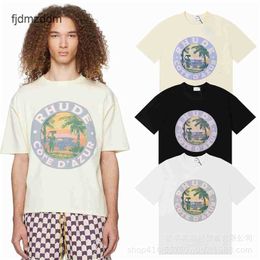 Men's and women's trends Designer fashion Rh High Street Lake Coconut Tree Landscape Printing Pure Cotton Leisure Short Sleeved T-shirt for Men and Women