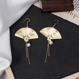 Dangle Earrings 925 Silver Needle Retro Style Carved Fan Folding Women's Ancient Super Fairy Pearl Tassel Pendant Foldable