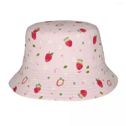 Berets Cute Strawberry Bucket Hat For Women Men Summer Vocation Pink Sun Street Packable Vacation Fishing Caps Bob