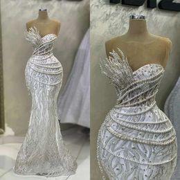 Boncuk Zincirleri Denizkızı İnci Elbiseler Düğün Kristalleri Kilelsiz Kat Uzunluğu Özel Yapım Artı Boyut Gelin Gown Vestidos De Novia