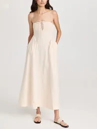 Casual Dresses Fashion Womens Summer Midi Dress Solid Color Sleeveless Tie Up Spaghetti Strap Club Street Style S M L