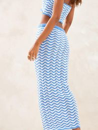 Casual Dresses Women Two Piece Summer Outfits Y2k Strapless Wavy Striped Print Knit Tube Tops And Long Skirt Set Beachwear