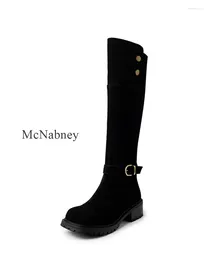 Boots Brown Retro Frosting Round Toe Women Knee-High Chunky Middle Heel Knight Belt Buckle And Zipper Design