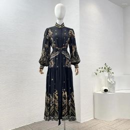 Casual Dresses High Quality Silk Black Gold Position Print Long Lantern Sleeve Diamonds Pressed Stand Collar Pleat Women Midi Dress