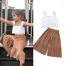 Clothing Sets 1-5 Years Girl Two Piece Outfits Floral Lace Sleeveless Crop Tops Elastic Waist Solid Color Flared Pants Suits For Girls