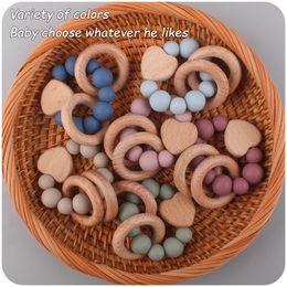 Baby Nursing Bracelets Teether Toys Silicone Beads Wooden Beech Ring Beads Teething Wood Rattles Fidget Toys Newborn Accessories