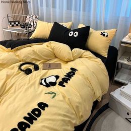 Bedding sets Ins Cute Panda Bedding Set Cartoon Towel Embroidered Duvet Cover Queen Full Size Flat Bed Sheet Quilt Cover Pillowcase Kawaii J240507
