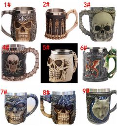 3D Striking Skull Warrior Tankard Viking Skull Beer Mug 3D Skull Dragon Coffee Tea Bottle Mug Stainless Steel Cup 9 design KKA17799339228