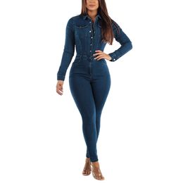 Women Jumpsuits Sexy Button Down Slim Fit V Neck Long Sleeve Denim Jumpsuit Fashion Lapel Full Length Jeans Rompers Overalls