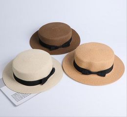 Seioum whole sun flat straw hat boater hat girls bow summer Hats For Women kid and Beach flat panama straw chapeau femme8327227