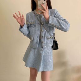 tops dresses for woman 2024 New SP Rich Family Qianjin High end Small Fragrance Sequin Thick Tweed Long sleeved Coat Cardigan Half Skirt Set