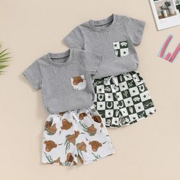 Clothing Sets Vintage Toddler Kids Baby Boys Summer Clothes Pocket Short Sleeve T-shirts Plaid Cow Print Elastic Waist Shorts Outfits