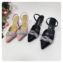 Sandals Genuine Leather Pointed Toe Summer Women With Rhinestone Strip Stiletto High Heels Slip On Design Closed Shoes