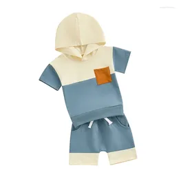 Clothing Sets Boys Summer Outfits Short Sleeve Hooded Tops Elastic Waist Shorts Infant Toddler Little 2 Piece Contrast Color Set