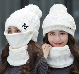 Winter Cycling Hat Women 3 piece Warm Wool Beanies Skullies Hats With Mask Collar Bib Female Velvet Thick Antismog Knit Caps9639310