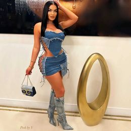 Two Piece Dress Sexy Strapless Crop Top + Mini Skirts Skinny Night Club Party Outfits Women Birthday New Spring Slit Bandage Denim Two Piece Set Y240508